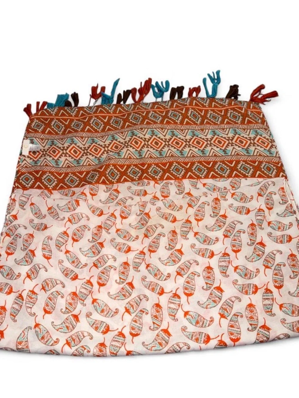 Patterned Orange Tassel Wrap Scarf